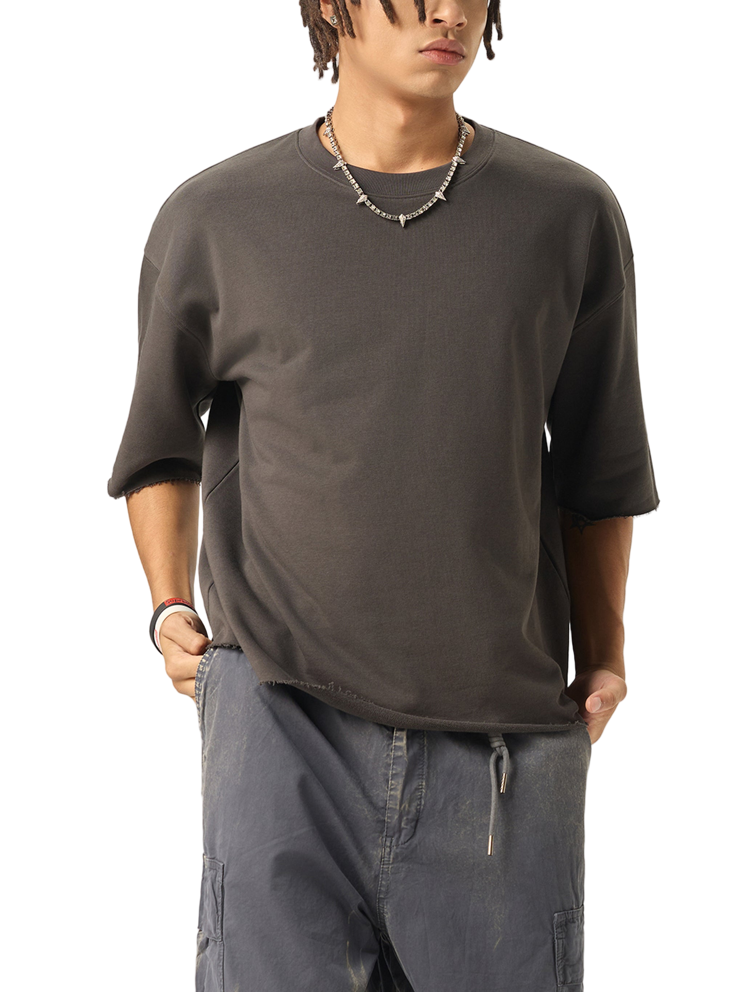 Boxy Half-Sleeve Raw-Edge T-Shirt