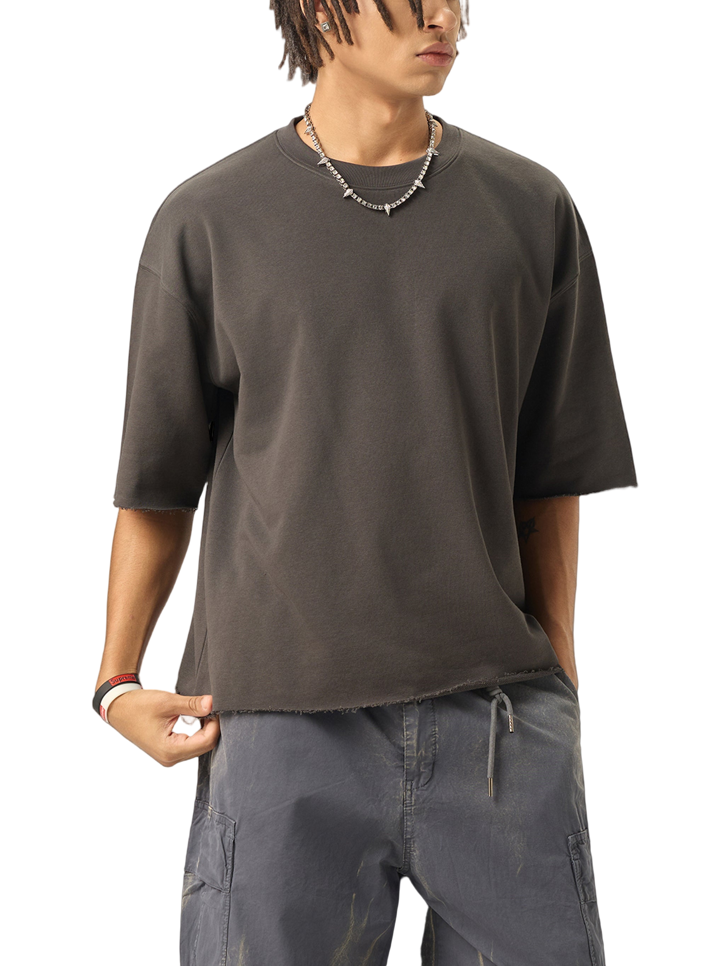 Boxy Half-Sleeve Raw-Edge T-Shirt