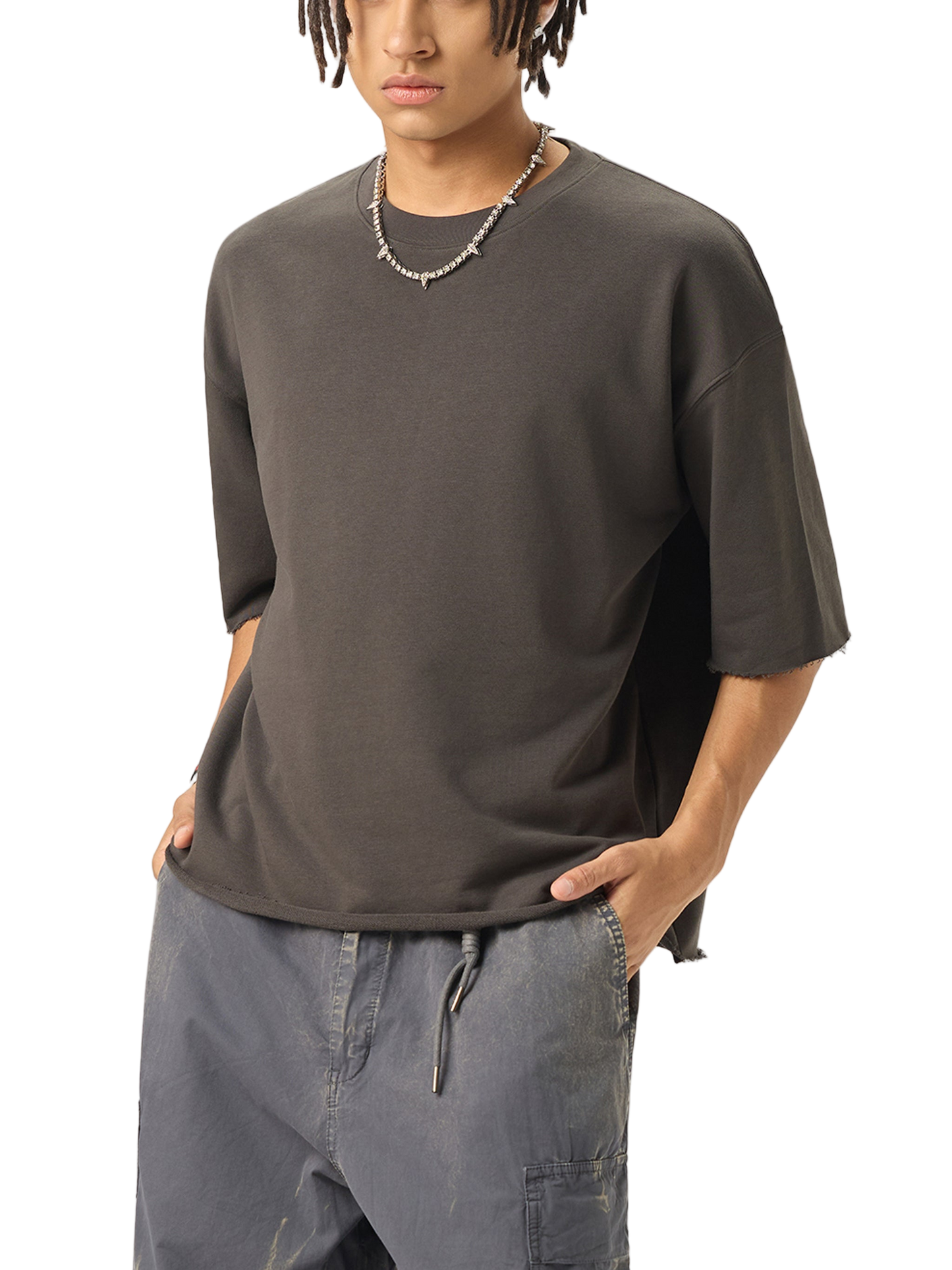 Boxy Half-Sleeve Raw-Edge T-Shirt